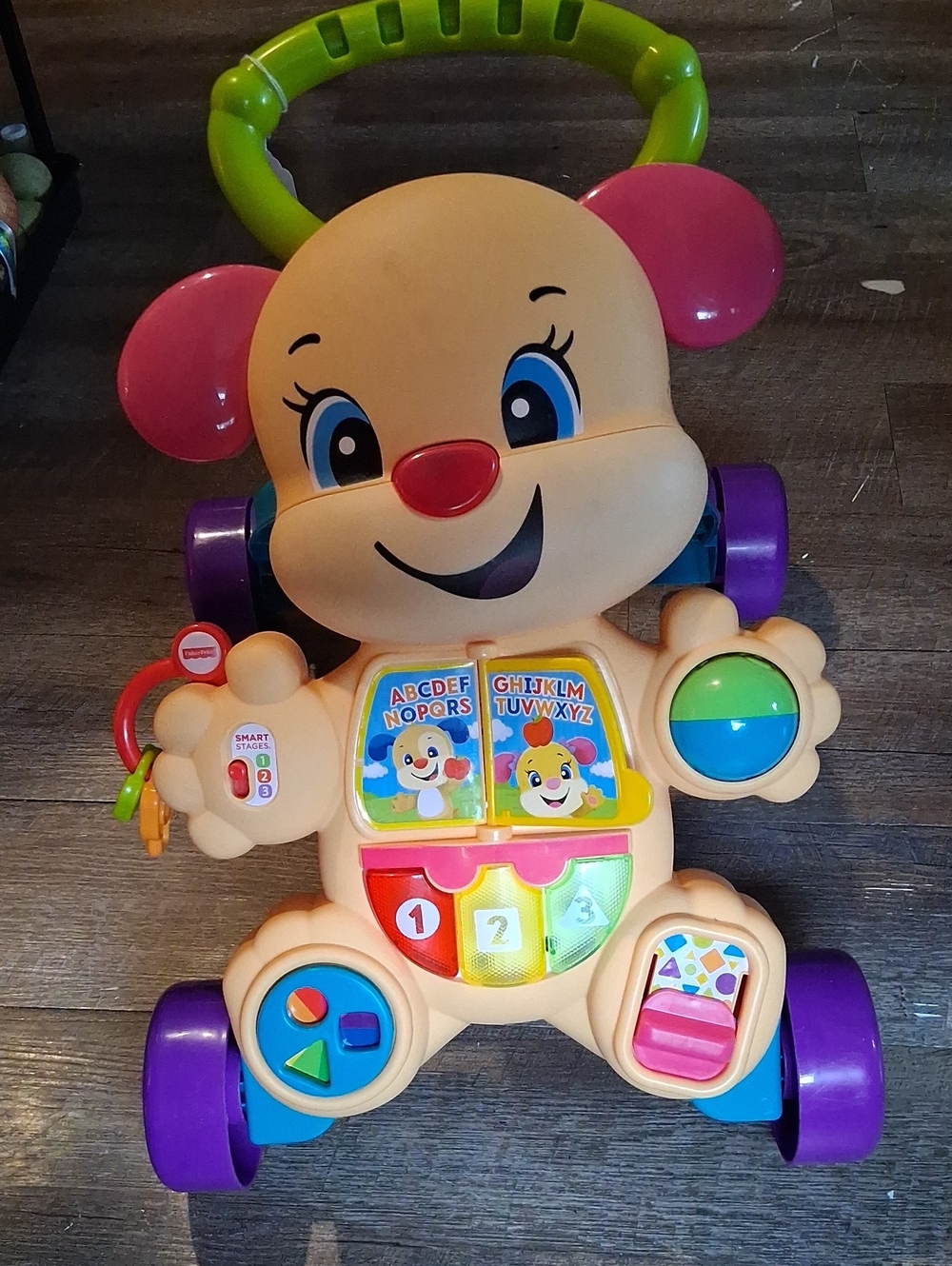 Fisher-Price Yellow Puppy Push Walker with Pink Ears and Green Handle